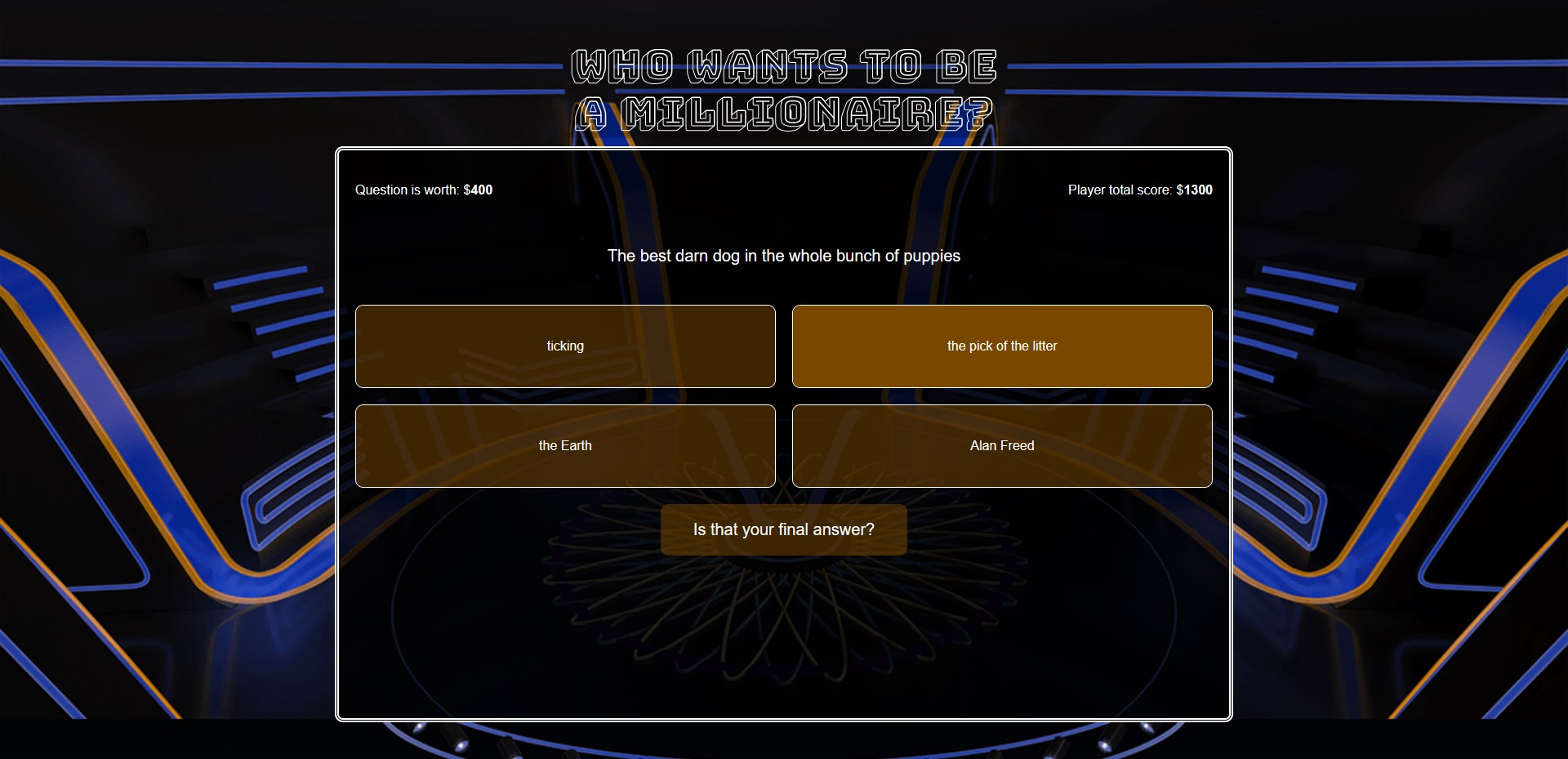 Screenshot of another question showing the score tracker and button's selected state